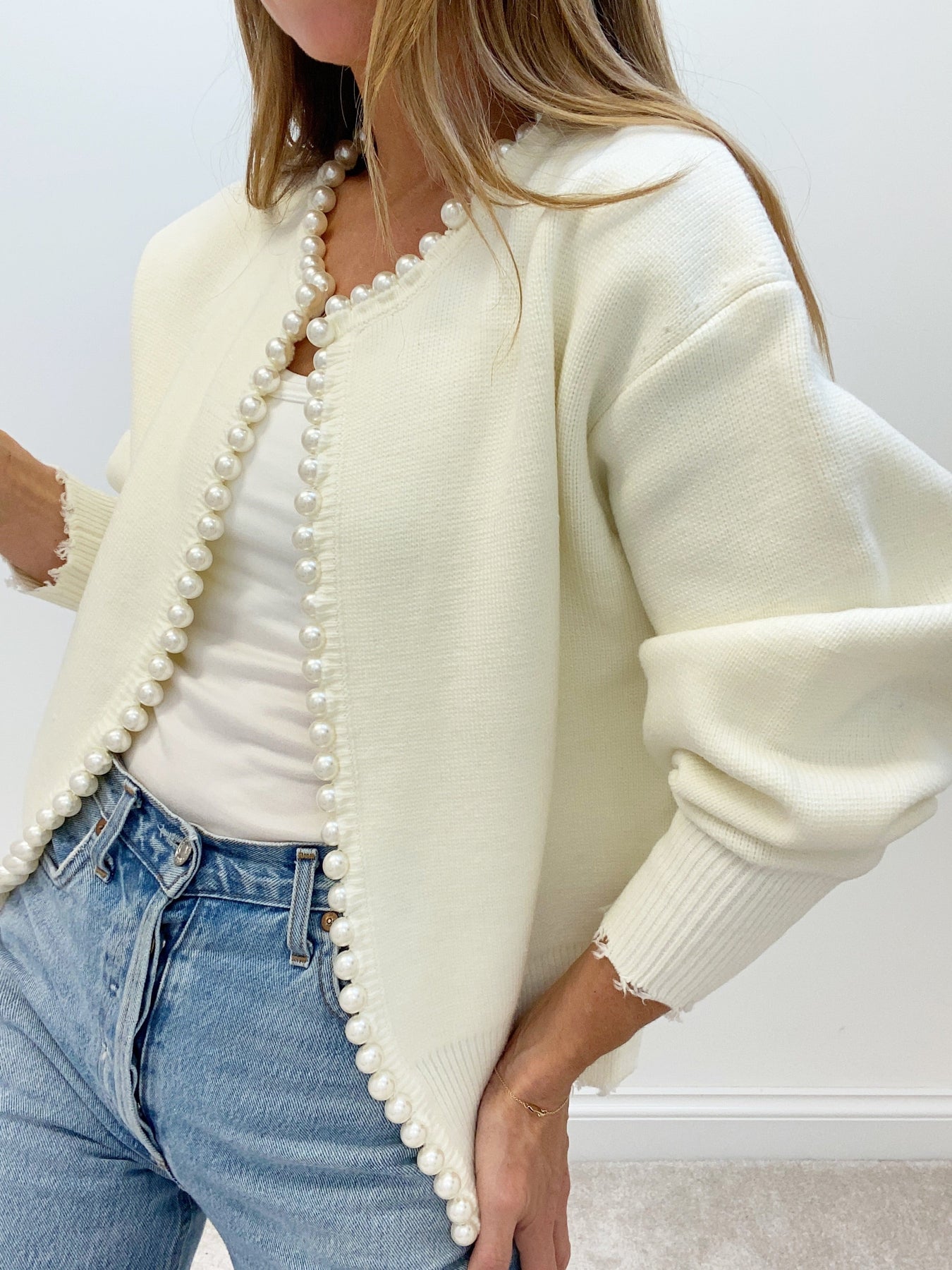 Velra | Raw Hem Pearl Embellished Cardigan