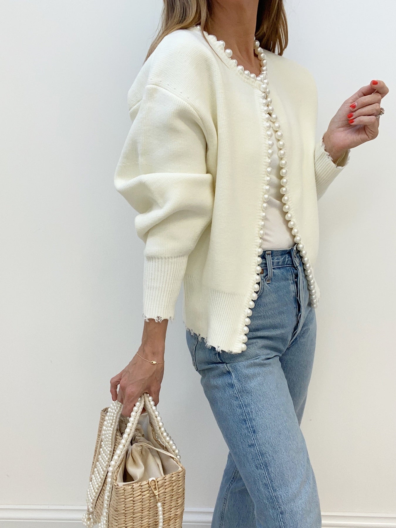 Velra | Raw Hem Pearl Embellished Cardigan