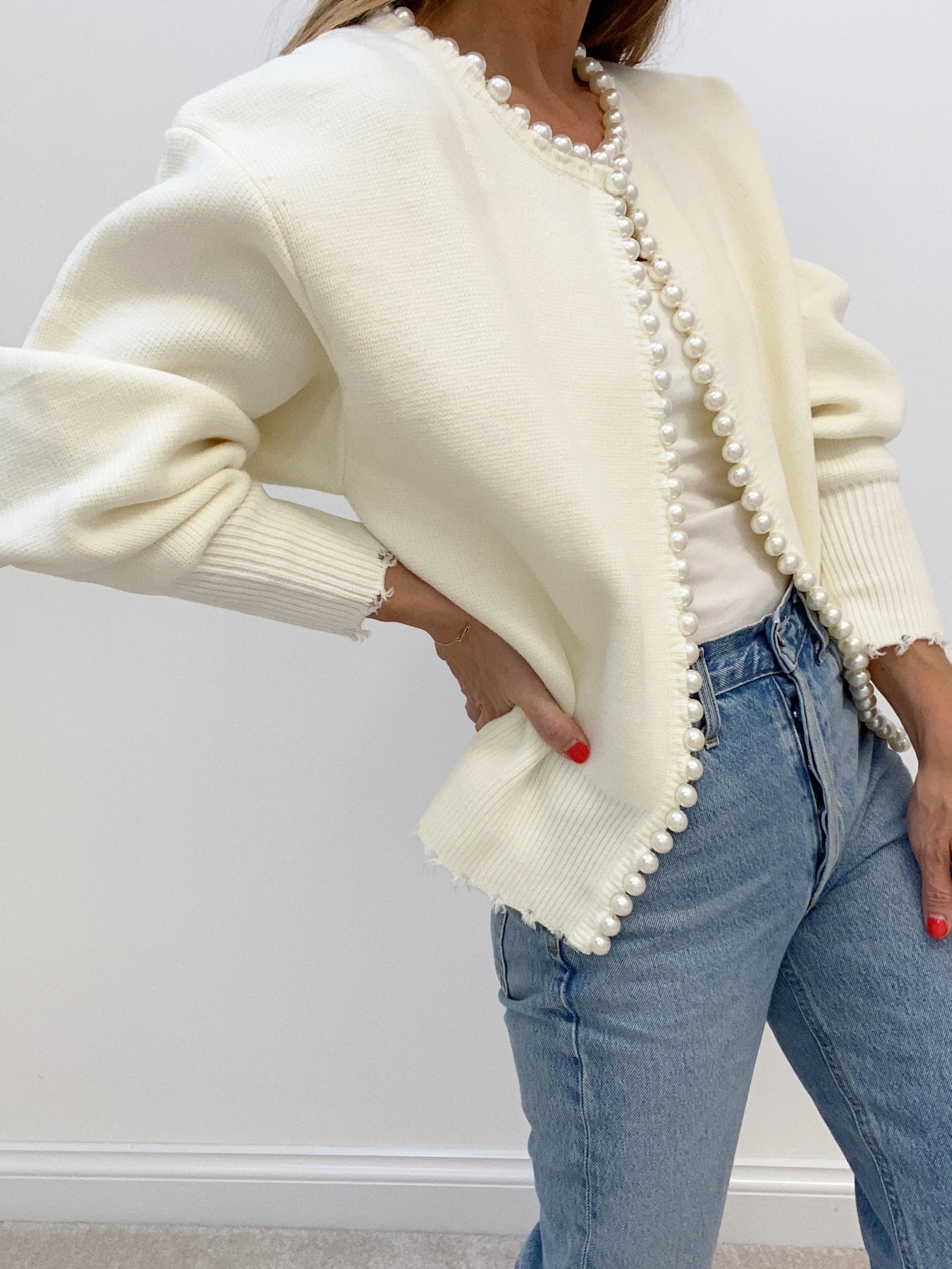Velra | Raw Hem Pearl Embellished Cardigan