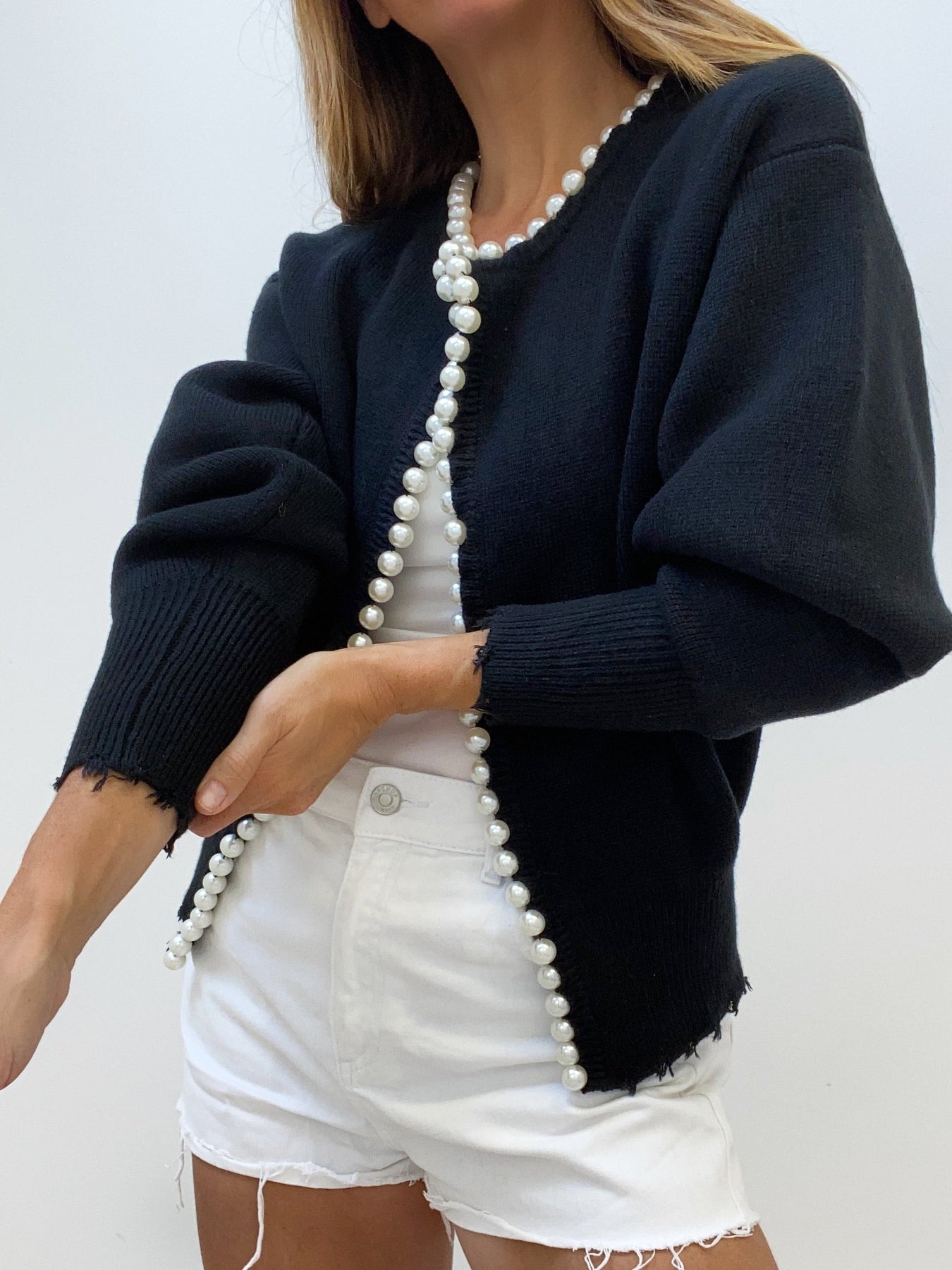Velra | Raw Hem Pearl Embellished Cardigan