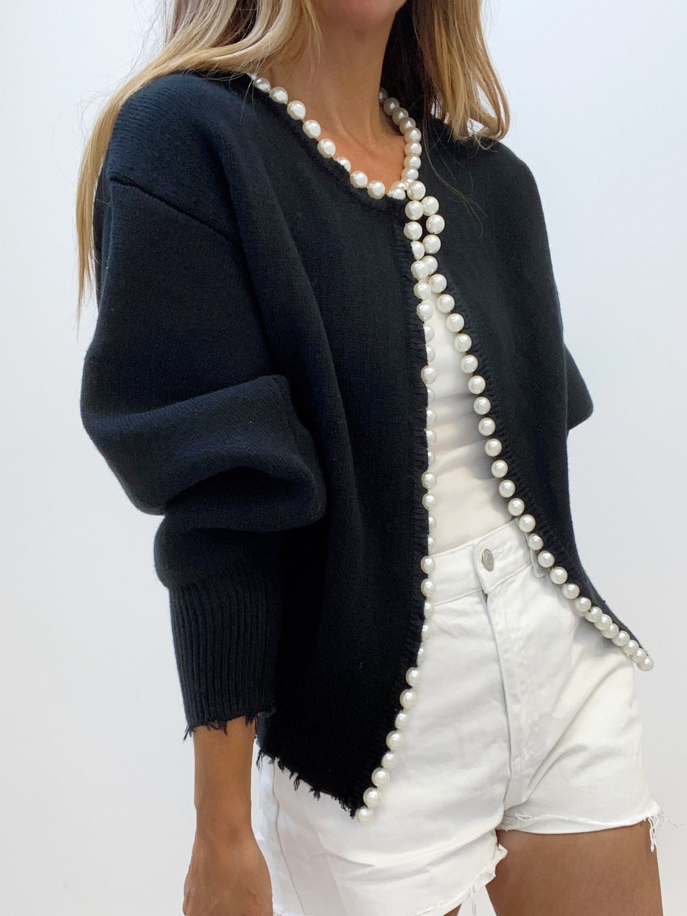 Velra | Raw Hem Pearl Embellished Cardigan