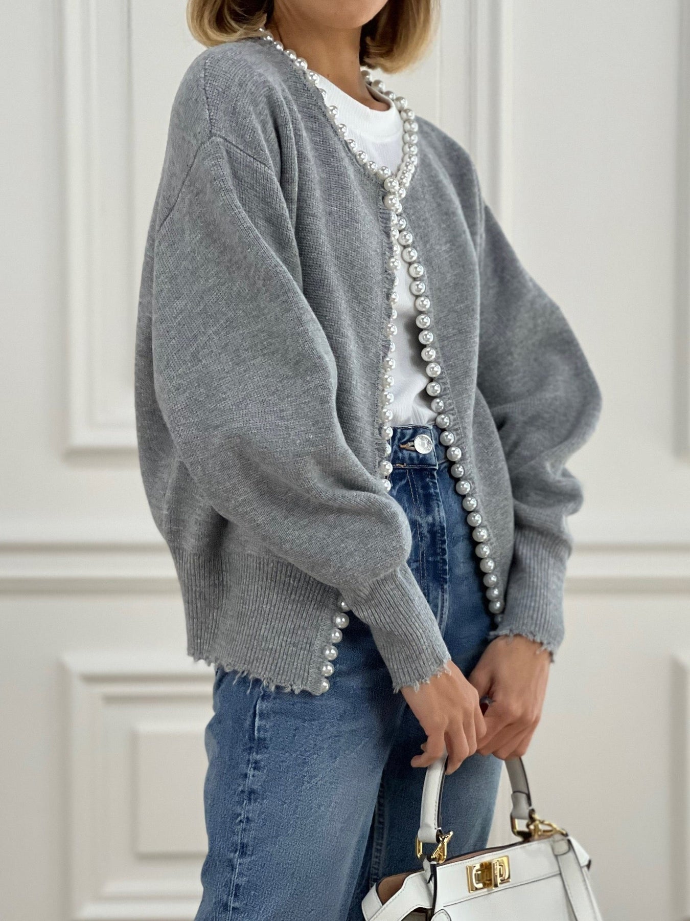 Velra | Raw Hem Pearl Embellished Cardigan