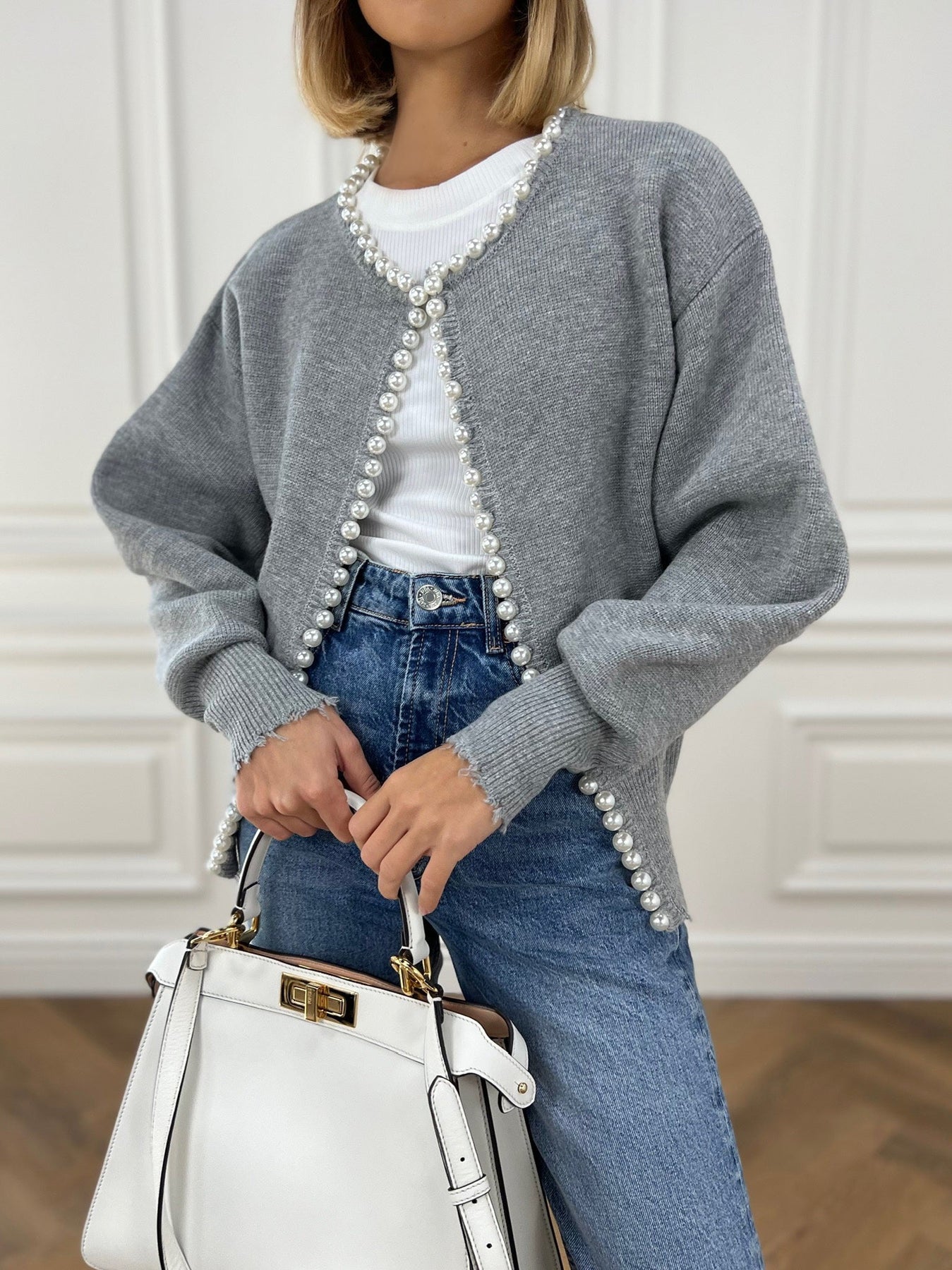 Velra | Raw Hem Pearl Embellished Cardigan