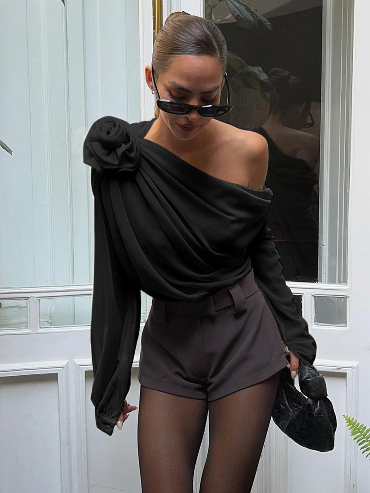 Elara | Asymmetrical Sheer Chiffon One-Shoulder Blouse