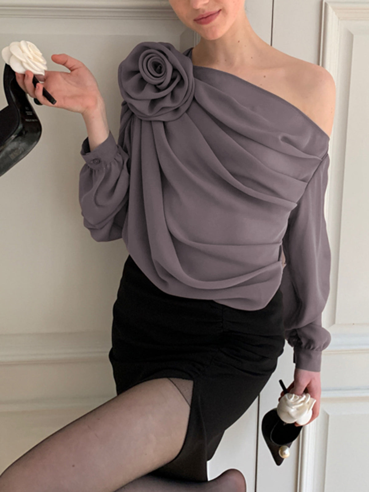 Elara | Asymmetrical Sheer Chiffon One-Shoulder Blouse