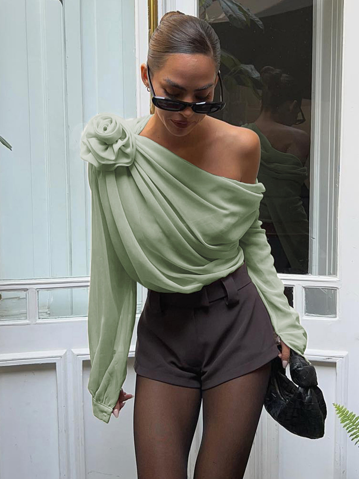 Elara | Asymmetrical Sheer Chiffon One-Shoulder Blouse