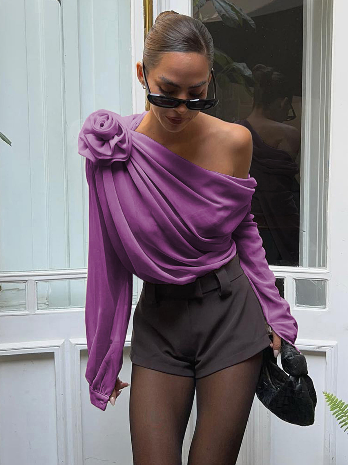 Elara | Asymmetrical Sheer Chiffon One-Shoulder Blouse