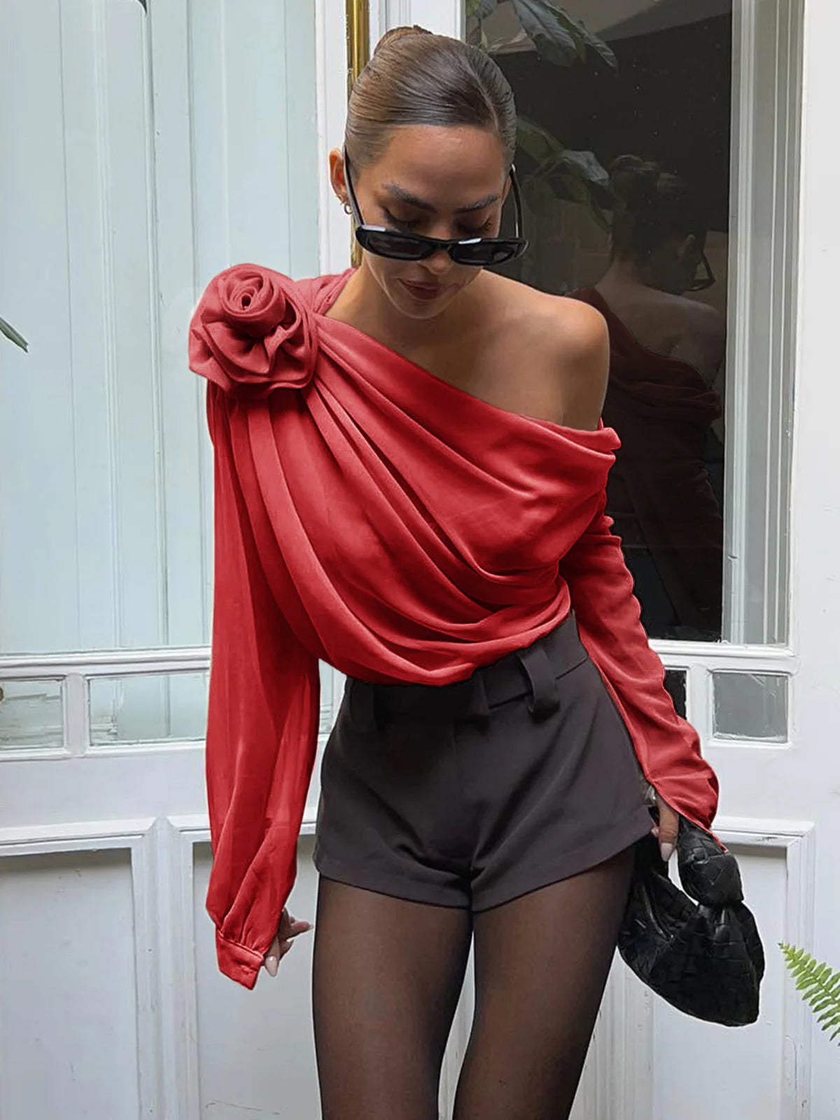 Elara | Asymmetrical Sheer Chiffon One-Shoulder Blouse