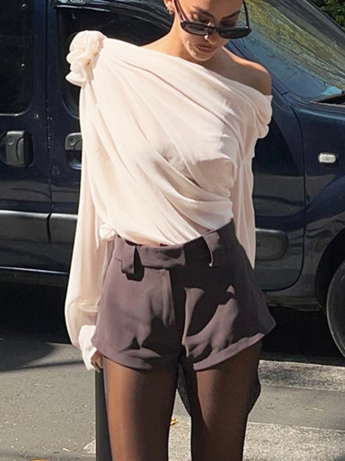 Elara | Asymmetrical Sheer Chiffon One-Shoulder Blouse