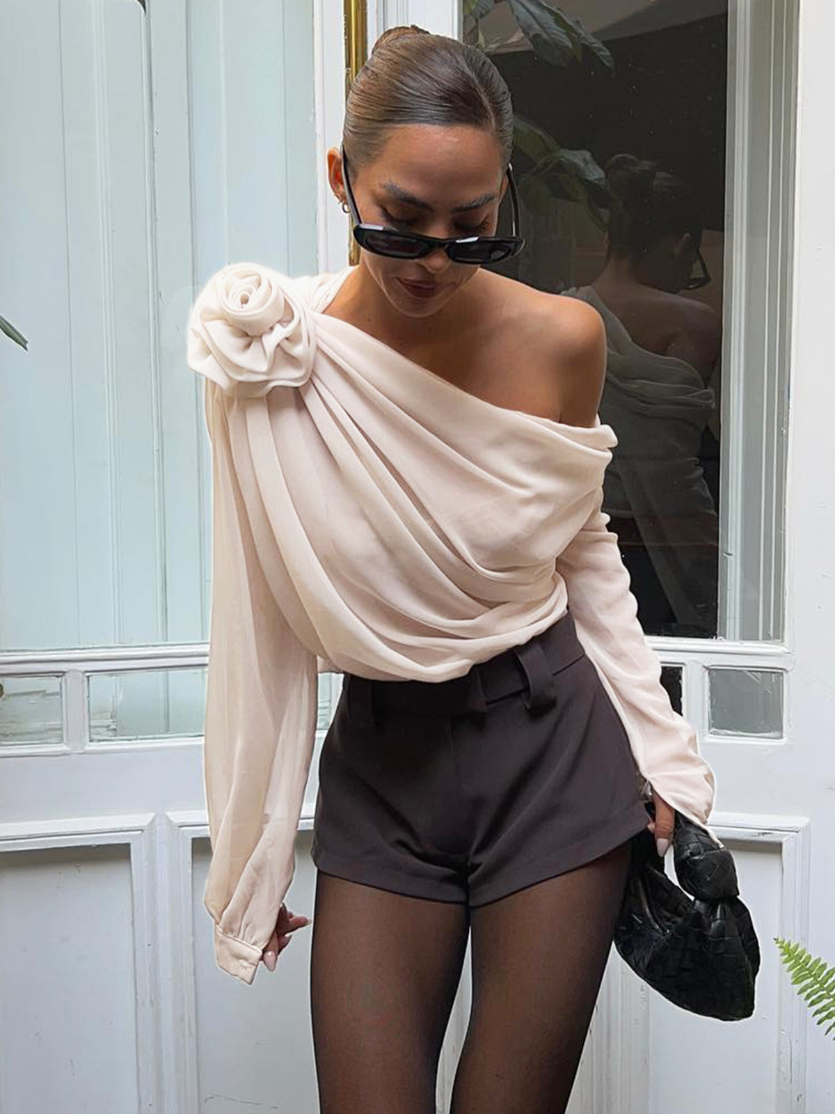 Elara | Asymmetrical Sheer Chiffon One-Shoulder Blouse