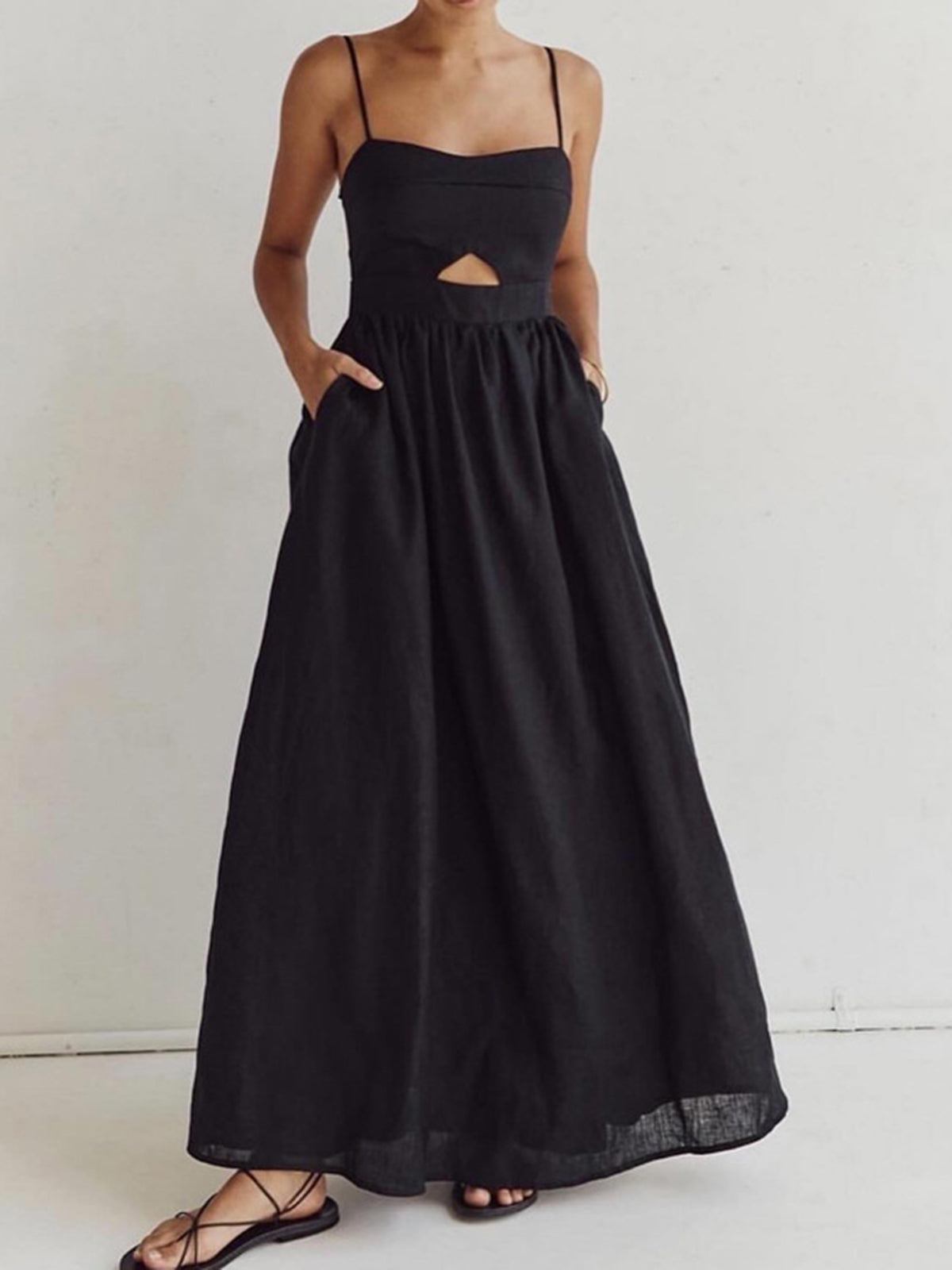 Luna | Cotton Sleeveless Pockets Cutout Long Dress