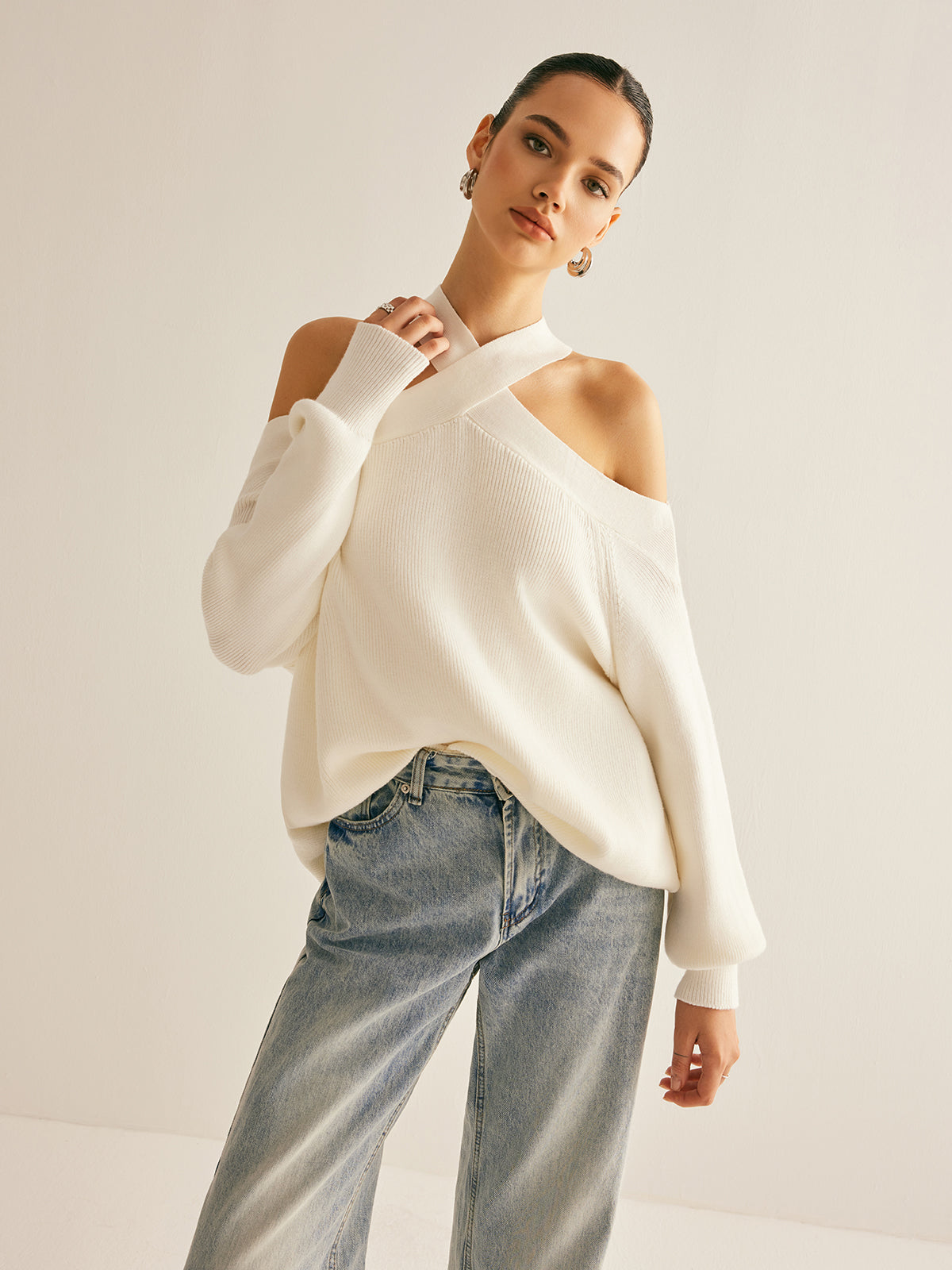 Ira |Crossover Collar Cold-Shoulder Knit