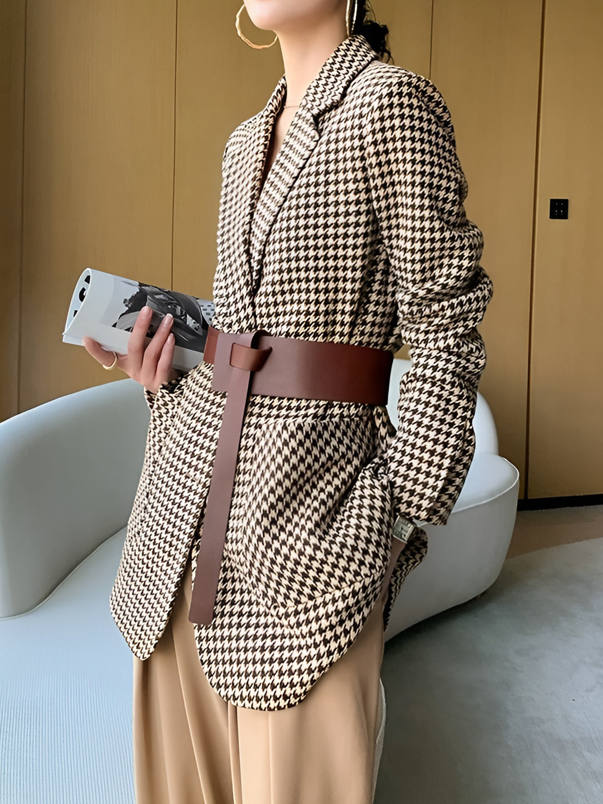 Avery | Belted Houndstooth Split Blazer
