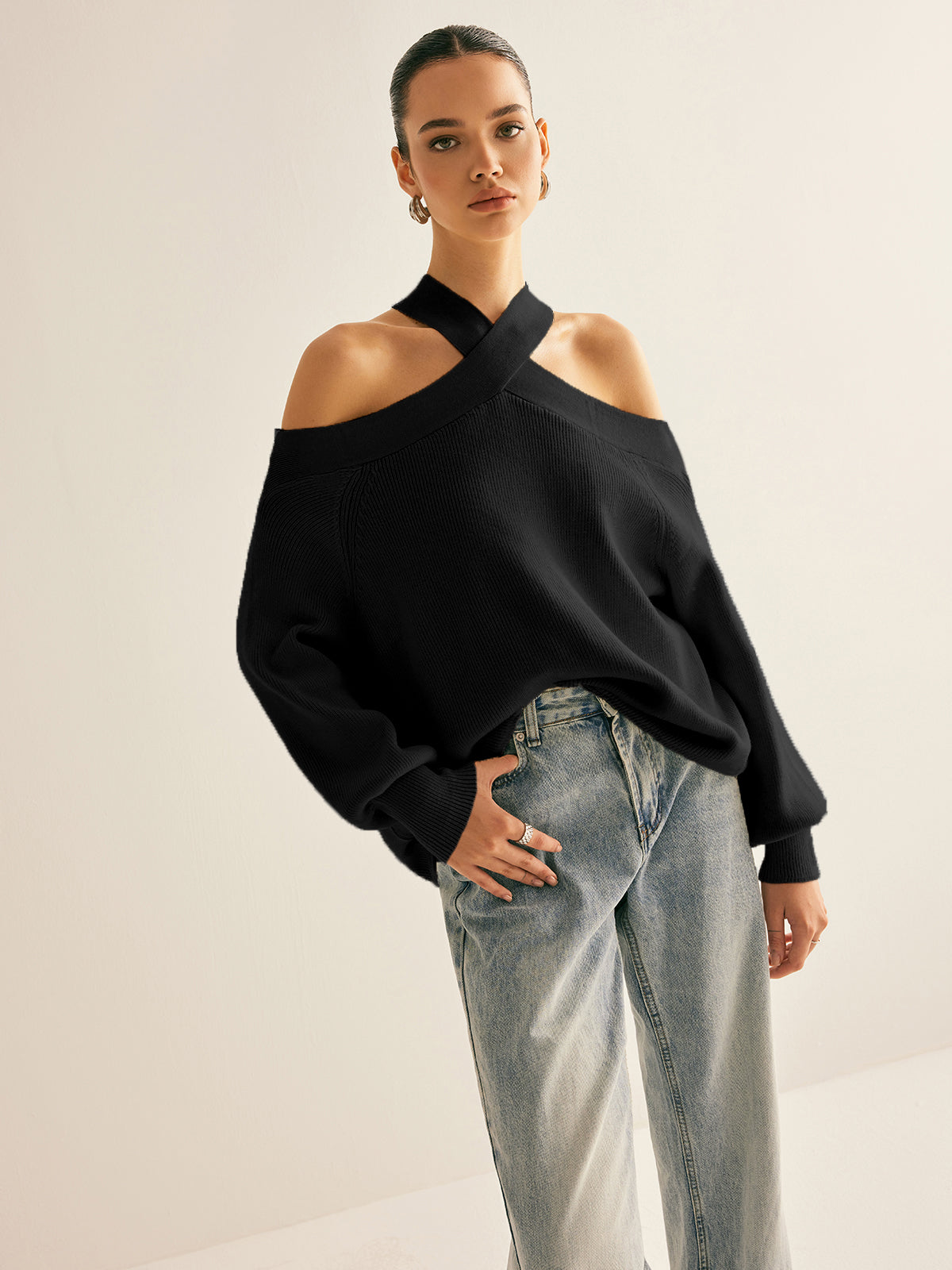 Ira |Crossover Collar Cold-Shoulder Knit