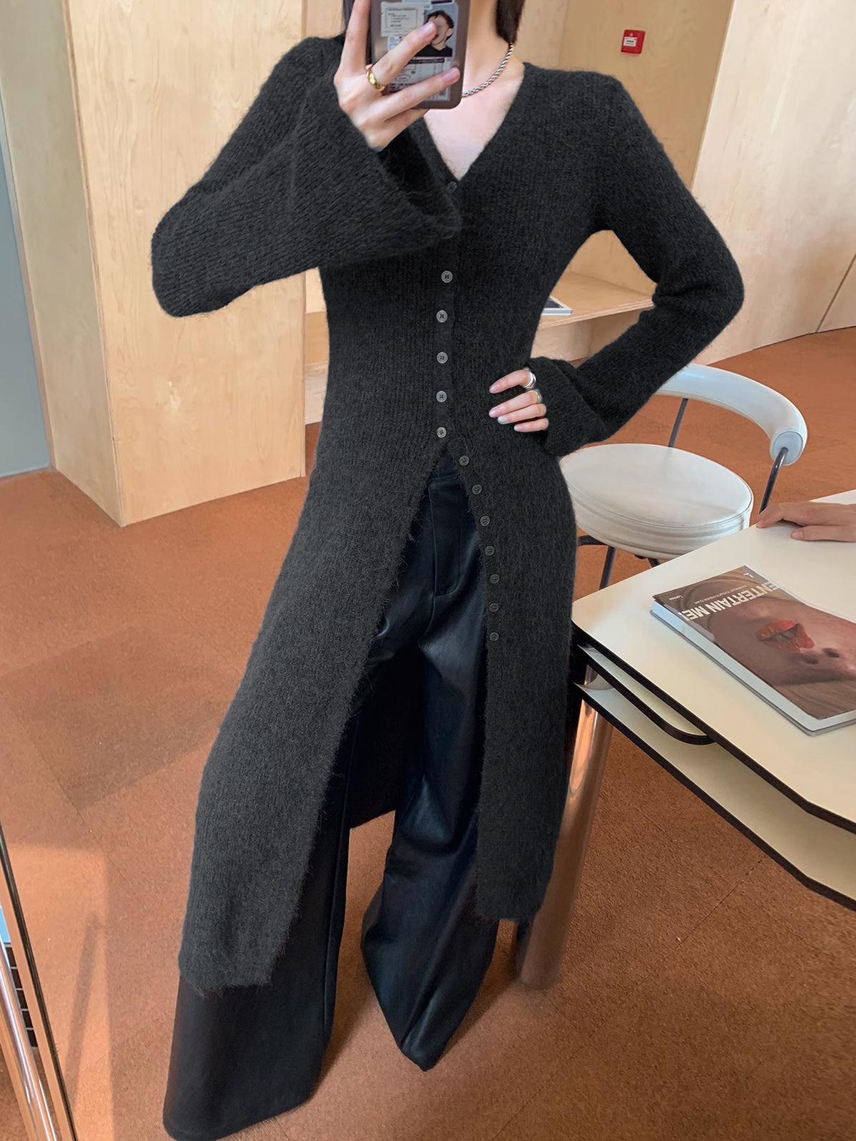 Ari | V-Neck Double-Breasted Sweater Dress with Side Slit