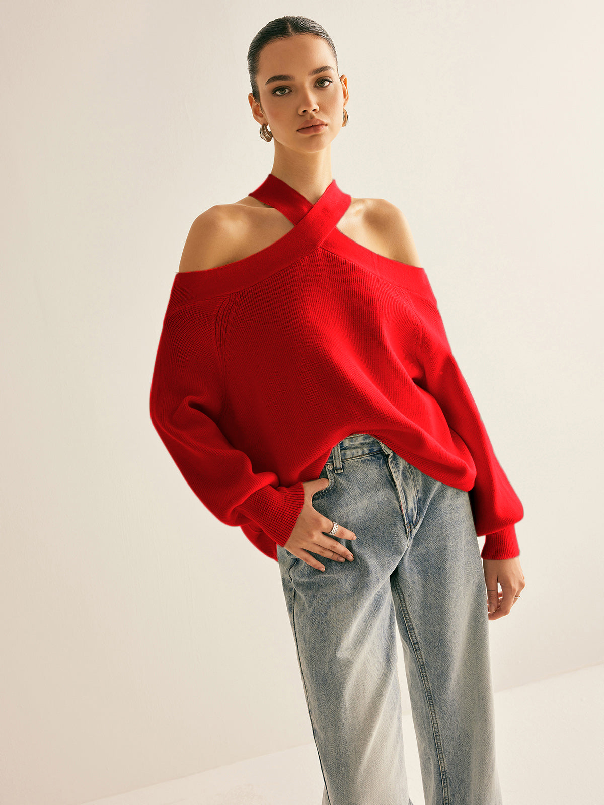 Ira |Crossover Collar Cold-Shoulder Knit