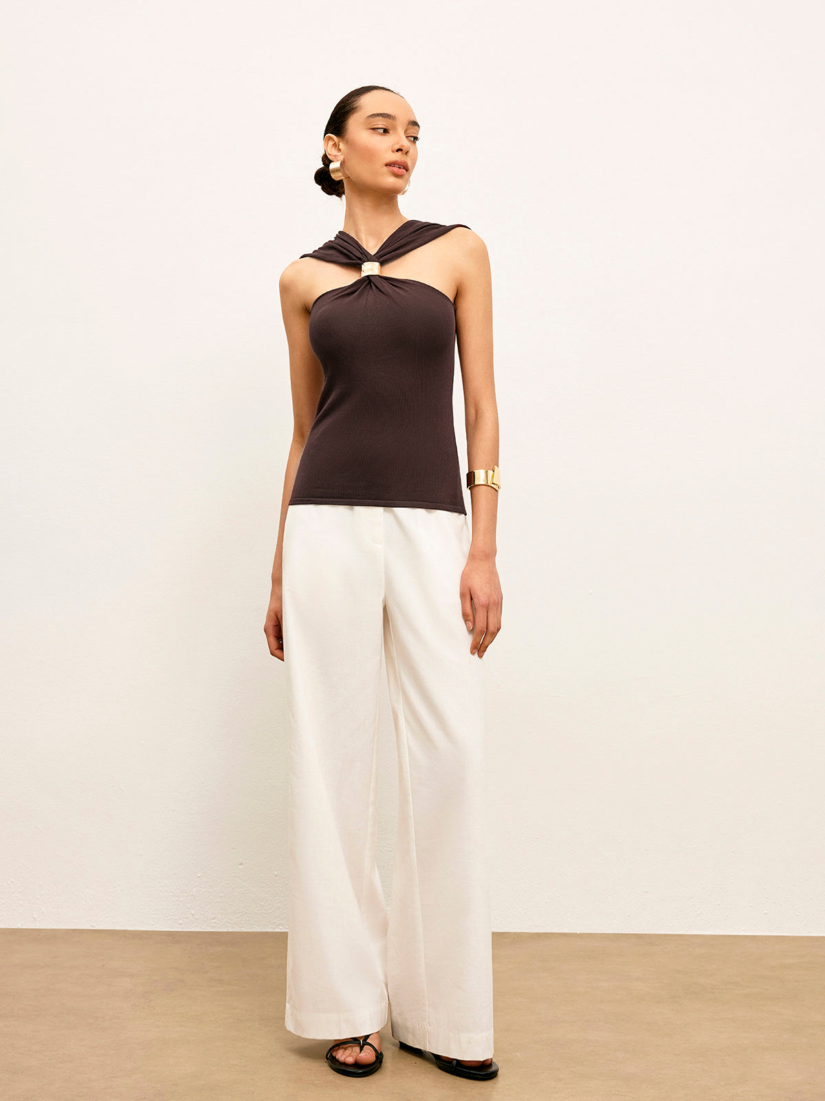 Twistelle | Gold-Detailed Front Twist Knit Top