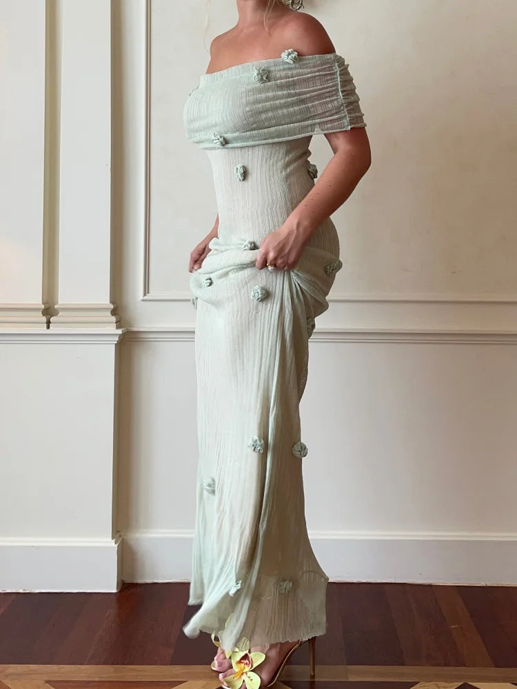 Bloom Aura | 3D Flower Off-Shoulder Knitted Maxi Dress