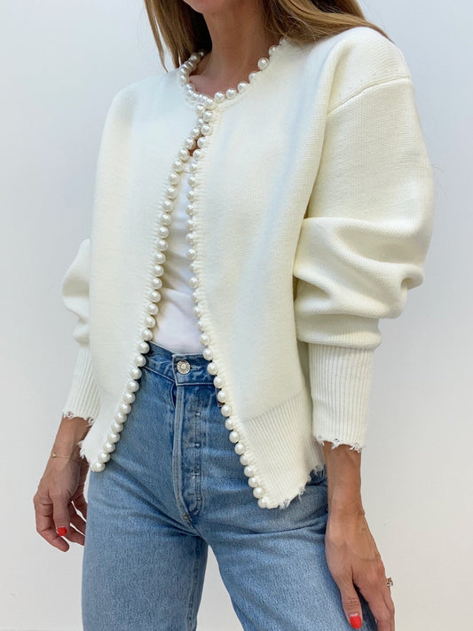 Velra | Raw Hem Pearl Embellished Cardigan