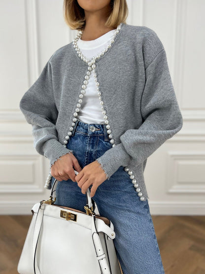 Velra | Raw Hem Pearl Embellished Cardigan