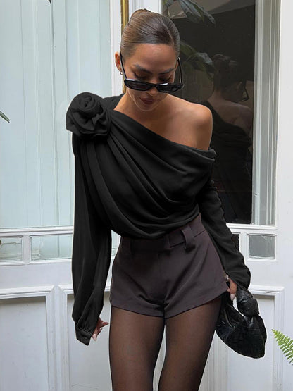 Elara | Asymmetrical Sheer Chiffon One-Shoulder Blouse