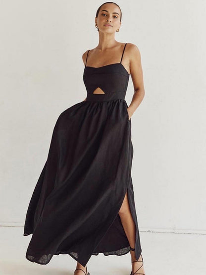 Luna | Cotton Sleeveless Pockets Cutout Long Dress