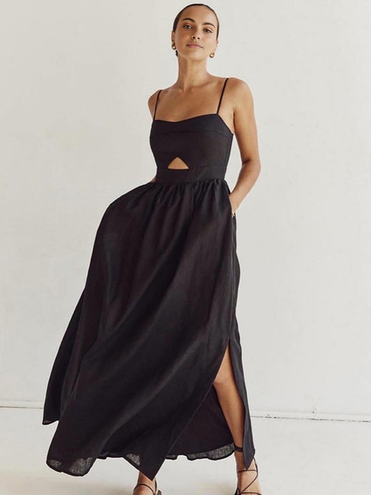 Luna | Cotton Sleeveless Pockets Cutout Long Dress
