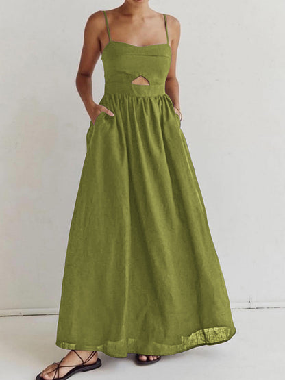 Luna | Cotton Sleeveless Pockets Cutout Long Dress