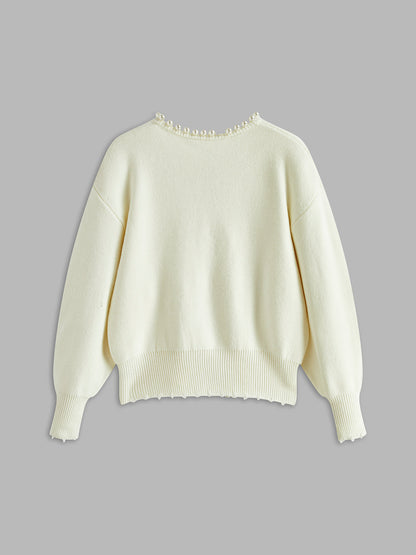 Velra | Raw Hem Pearl Embellished Cardigan