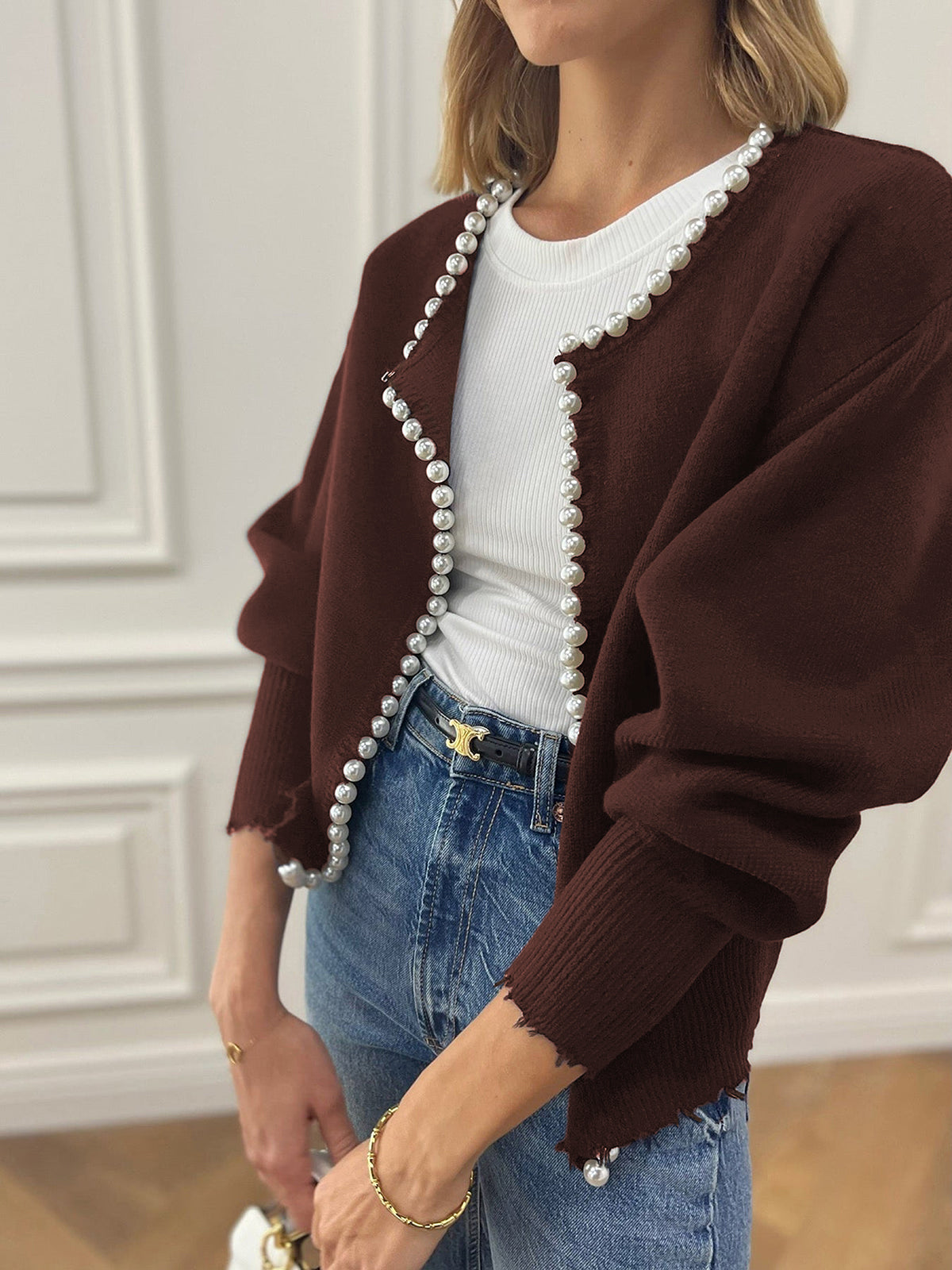 Velra | Raw Hem Pearl Embellished Cardigan