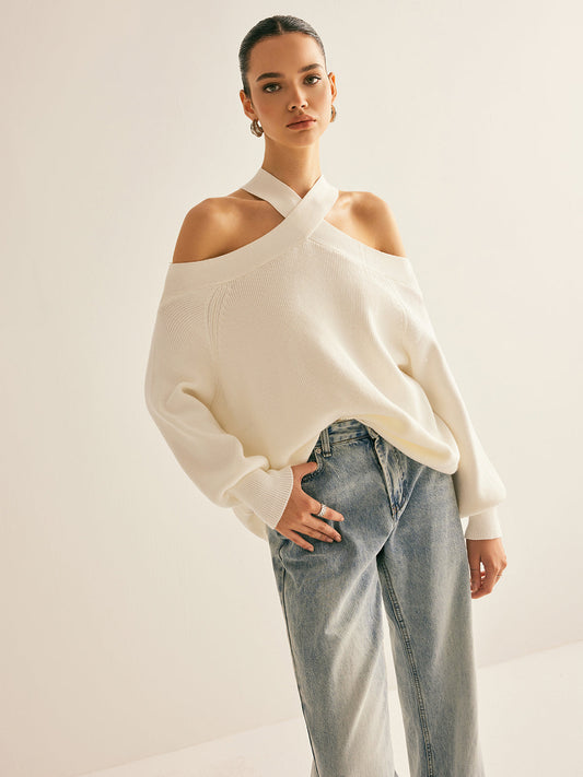 Ira |Crossover Collar Cold-Shoulder Knit