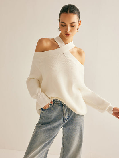 Ira |Crossover Collar Cold-Shoulder Knit