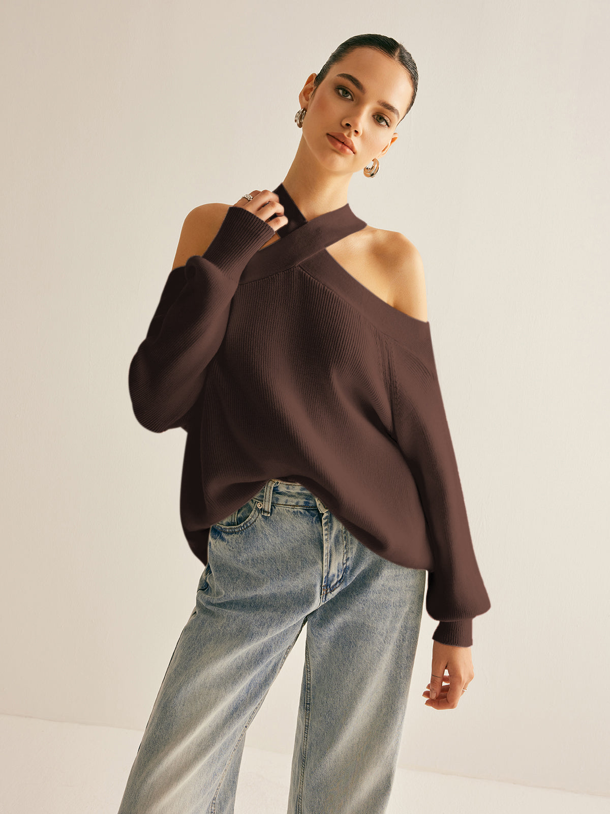 Ira |Crossover Collar Cold-Shoulder Knit