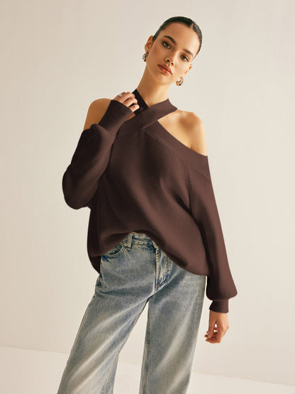 Ira |Crossover Collar Cold-Shoulder Knit