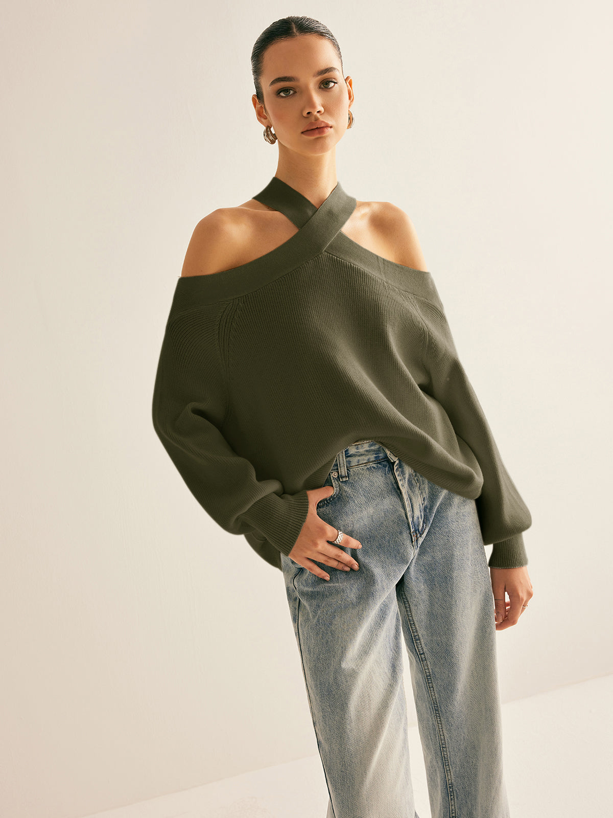 Ira |Crossover Collar Cold-Shoulder Knit