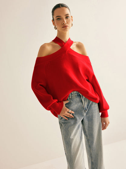Ira |Crossover Collar Cold-Shoulder Knit