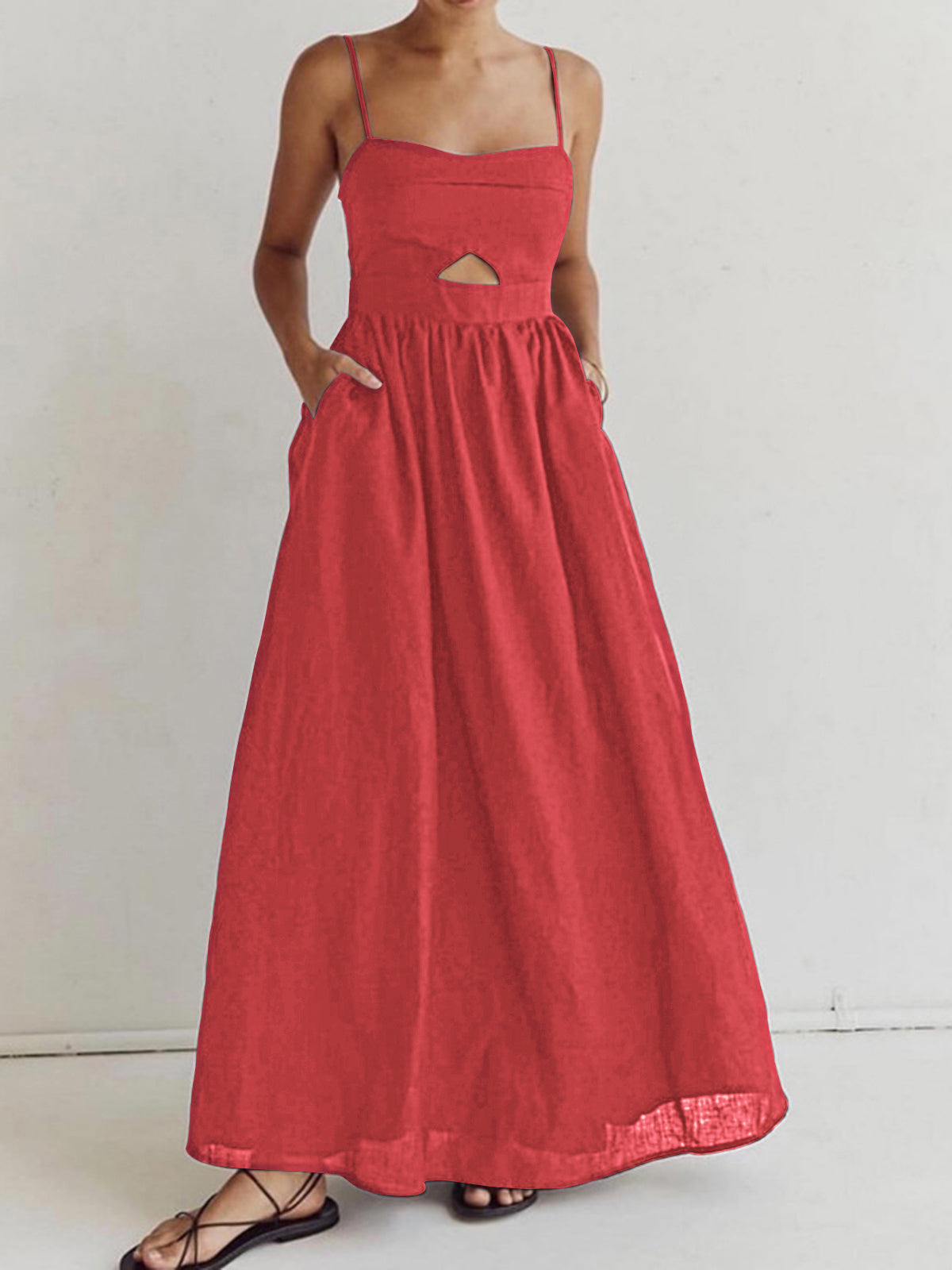 Luna | Cotton Sleeveless Pockets Cutout Long Dress