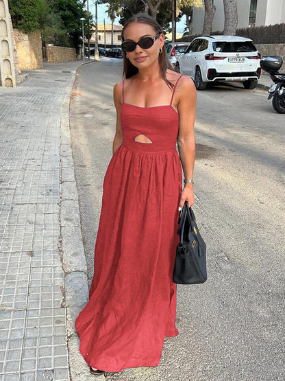 Luna | Cotton Sleeveless Pockets Cutout Long Dress