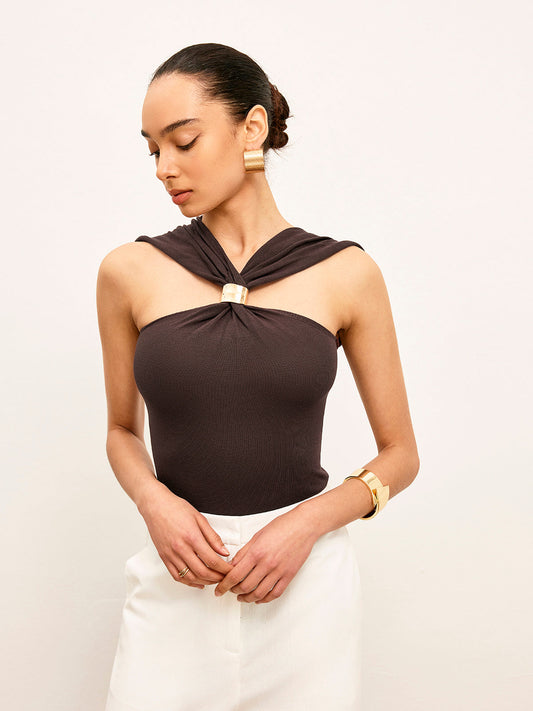 Twistelle | Gold-Detailed Front Twist Knit Top