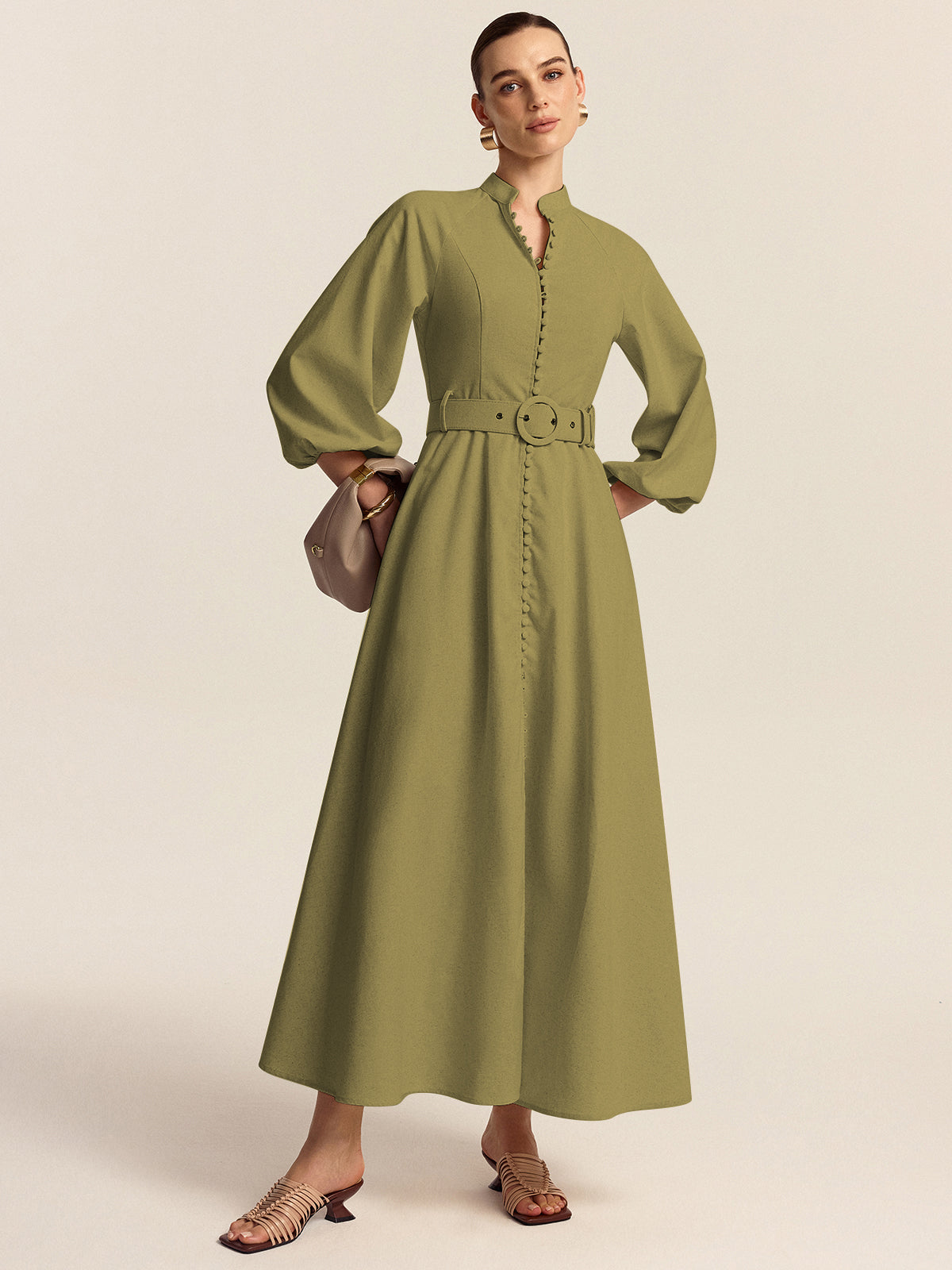 Belted Button Front Maxi Dress