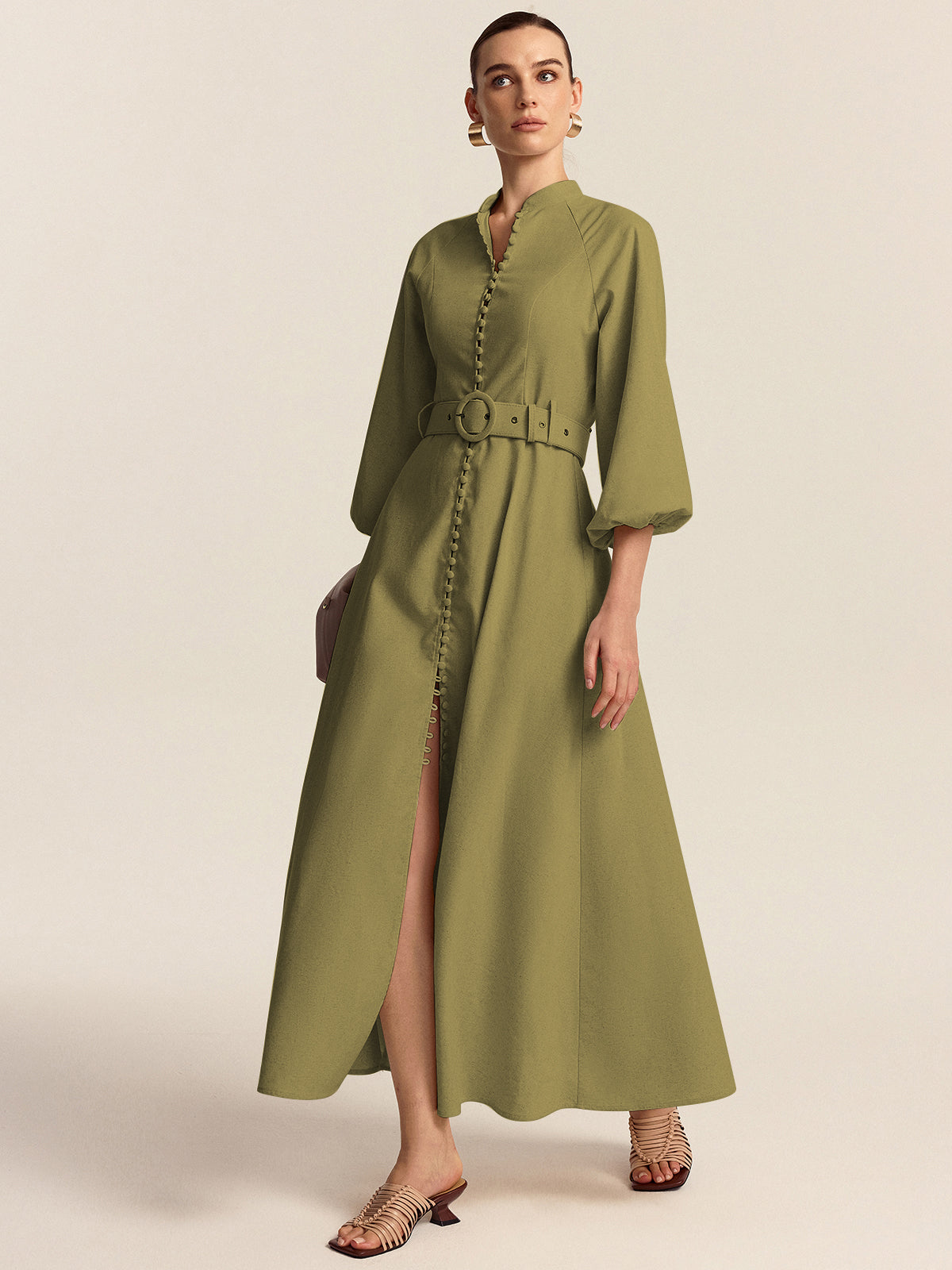 Belted Button Front Maxi Dress