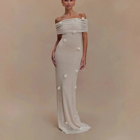 Bloom Aura | 3D Flower Off-Shoulder Knitted Maxi Dress