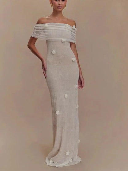Bloom Aura | 3D Flower Off-Shoulder Knitted Maxi Dress