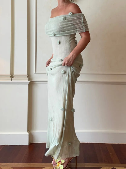Bloom Aura | 3D Flower Off-Shoulder Knitted Maxi Dress