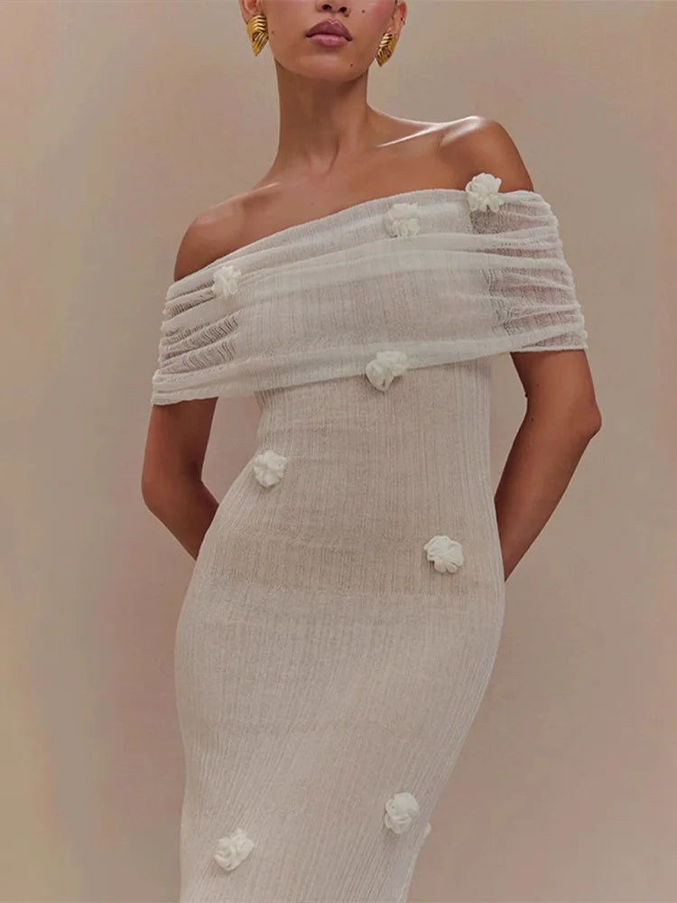 Bloom Aura | 3D Flower Off-Shoulder Knitted Maxi Dress