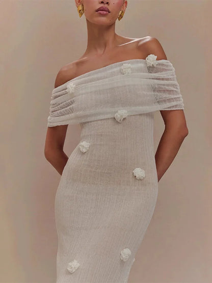 Bloom Aura | 3D Flower Off-Shoulder Knitted Maxi Dress