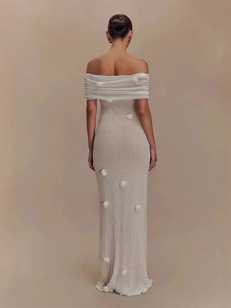 Bloom Aura | 3D Flower Off-Shoulder Knitted Maxi Dress