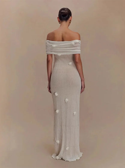 Bloom Aura | 3D Flower Off-Shoulder Knitted Maxi Dress